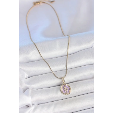 316L Çelik Gold Renk Zincir Mor Mineli Çiçek İşlemeli Portre Model Kadın Kolye