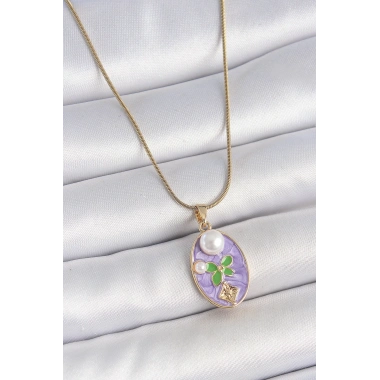 316L Çelik Gold Renk Zincir Mor Mineli Oval İncili Çiçek İşlemeli Portre Model Kadın Kolye
