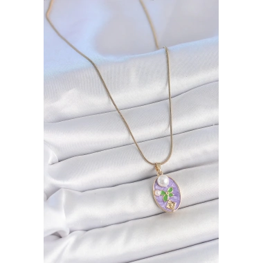 316L Çelik Gold Renk Zincir Mor Mineli Oval İncili Çiçek İşlemeli Portre Model Kadın Kolye