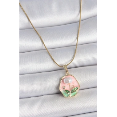 316L Çelik Gold Renk Zincir Pembe Çiçek İşlemeli İnci Detay Portre Model Kadın Kolye