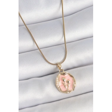 316L Çelik Gold Renk Zincir Pembe Mineli Çiçek İşlemeli Portre Model Kadın Kolye