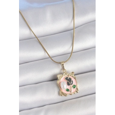 316L Çelik Gold Renk Zincir Pembe Mineli Çiçek İşlemli İnci Detay Portre Model Kadın Kolye