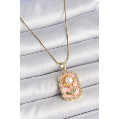316L Çelik Gold Renk Zincir Pembe Mineli İncli Papatya Model Portre Model Kadın Kolye