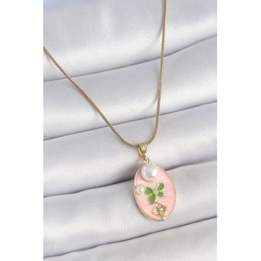 316L Çelik Gold Renk Zincir Pembe Mineli Oval İncili Çiçek İşlemeli Portre Model Kadın Kolye