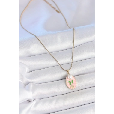 316L Çelik Gold Renk Zincir Pembe Mineli Oval İncili Çiçek İşlemeli Portre Model Kadın Kolye