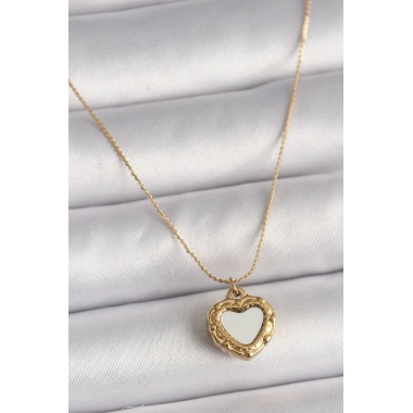 316L Çelik Gold Renk Zincir Sedefli Kalp Model Kadın Kolye