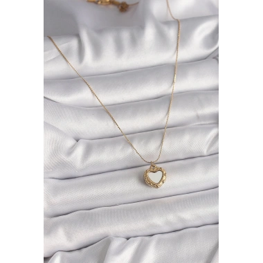 316L Çelik Gold Renk Zincir Sedefli Kalp Model Kadın Kolye
