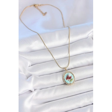 316L Çelik Gold Renk Zincir Turkuaz Mineli İncili Çiçek İşlemeli Portre Model Kadın Kolye