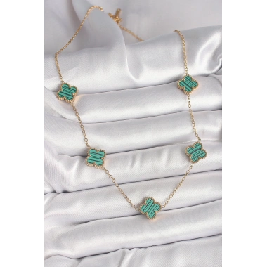316L Çelik Gold Renk Zincir Yeşil Yonca Model Kadın Kolye