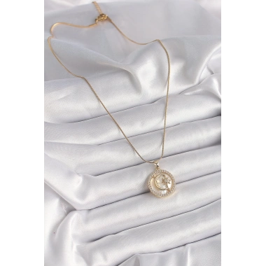 316L Çelik Gold Renk Zincir Zirkon Taş Detaylı Beyaz Sedefli Ay Yıldız Model Kadın Kolye