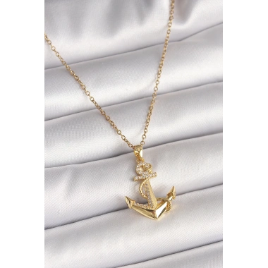 316L Çelik Gold Renk Zincir Zirkon Taş Detaylı Çapa Model Kadın Kolye
