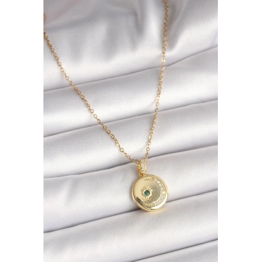 316L Çelik Gold Renk Zincir Zirkon Taş İşlemeli Hilal Yıldız İşlemeli Madalyon Model Kadın Kolye