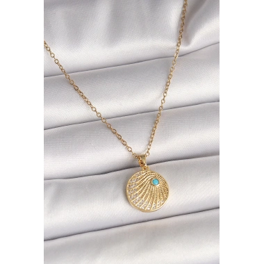 316L Çelik Gold Renk Zincir Zirkon Taş İşlemeli Mavi Taş Detaylı Madalyon Model Kadın Kolye