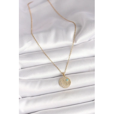 316L Çelik Gold Renk Zincir Zirkon Taş İşlemeli Mavi Taş Detaylı Madalyon Model Kadın Kolye