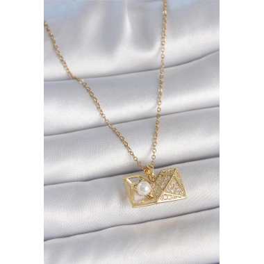 316L Çelik Gold Renk Zincir Zirkon Taşlı Açılır İncili Elmas Model Kadın Kolye