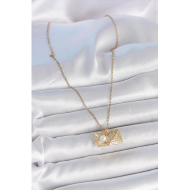 316L Çelik Gold Renk Zincir Zirkon Taşlı Açılır İncili Elmas Model Kadın Kolye