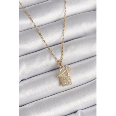 316L Çelik Gold Renk Zincir Zirkon Taşlı Asma Kilit Anahtar Model Kadın Kolye