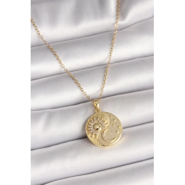 316L Çelik Gold Renk Zincir Zirkon Taşlı Ay Güneş İşlemeli Madalyon Model Kadın Kolye
