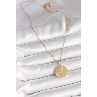 316L Çelik Gold Renk Zincir Zirkon Taşlı Ay Güneş İşlemeli Madalyon Model Kadın Kolye