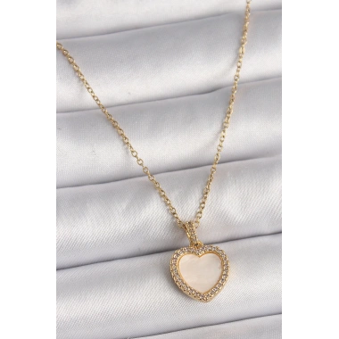 316L Çelik Gold Renk Zincir Zirkon Taşlı Beyaz Mineli Kalp Model Kadın Kolye