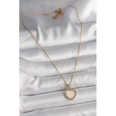 316L Çelik Gold Renk Zincir Zirkon Taşlı Beyaz Mineli Kalp Model Kadın Kolye