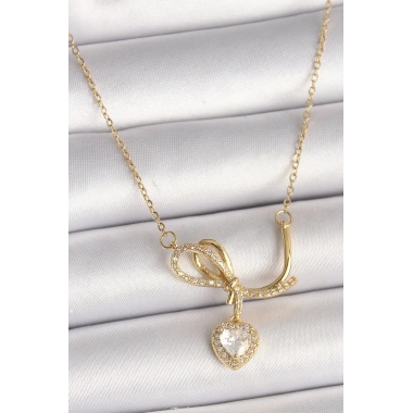 316L Çelik Gold Renk Zincir Zirkon Taşlı Düğüm Sallantı Kalp Model Kadın Kolye