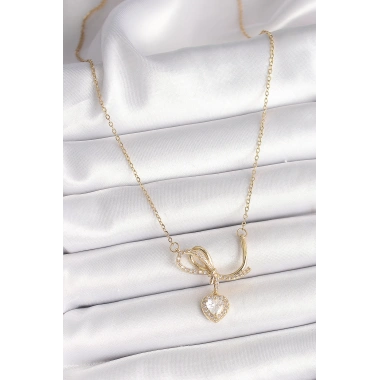 316L Çelik Gold Renk Zincir Zirkon Taşlı Düğüm Sallantı Kalp Model Kadın Kolye
