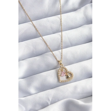 316L Çelik Gold Renk Zincir Zirkon Taşlı Kalp Model Kadın Kolye