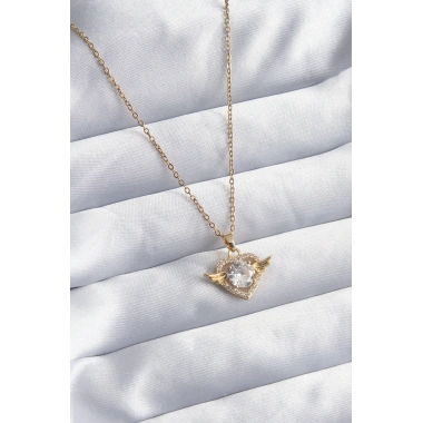 316L Çelik Gold Renk Zincir Zirkon Taşlı Kalp Model Kadın Kolye