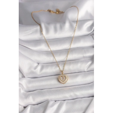 316L Çelik Gold Renk Zincir Zirkon Taşlı Kalp Model Kadın Kolye