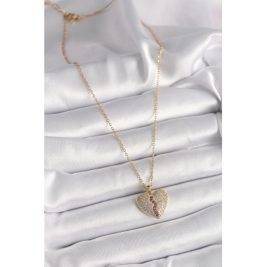 316L Çelik Gold Renk Zincir Zirkon Taşlı Kalp Model Kadın Kolye