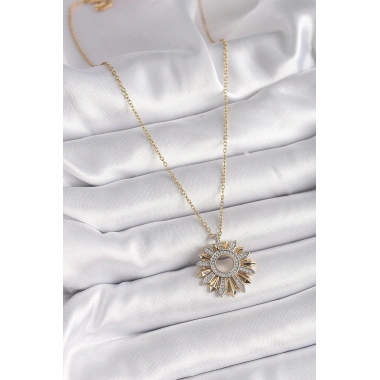 316L Çelik Gold Renk Zincir Zirkon Taşlı Mix Renk Güneş Model Kadın Kolye