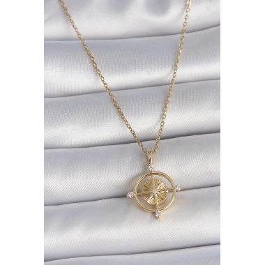 316L Çelik Gold Renk Zincir Zirkon Taşlı Pusula Model Kadın Kolye