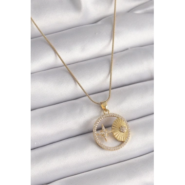 316L Çelik Gold Renk Zincir Zirkon Taşlı Yıldız İşleme Madalyon Model Kadın Kolye