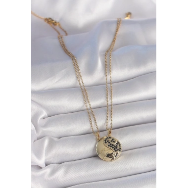 316L Çelik Gold Renk Zincir Zirkon Taşlı Ying Yang Model Gün Batımı İşlemeli Arkadaşlık Kadın Kolye