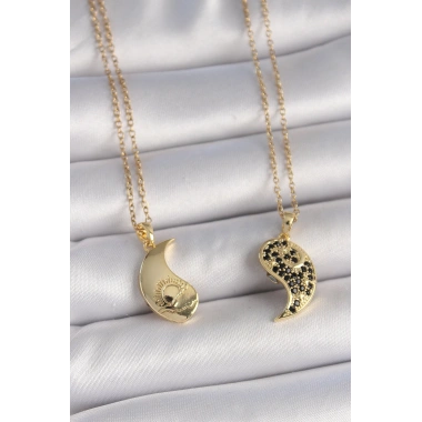 316L Çelik Gold Renk Zincir Zirkon Taşlı Ying Yang Model Gün Batımı İşlemeli Arkadaşlık Kadın Kolye