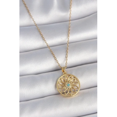 316L Çelik Gold Renk Zincr Mavi Taşlı Lotus Model Kadın Kolye