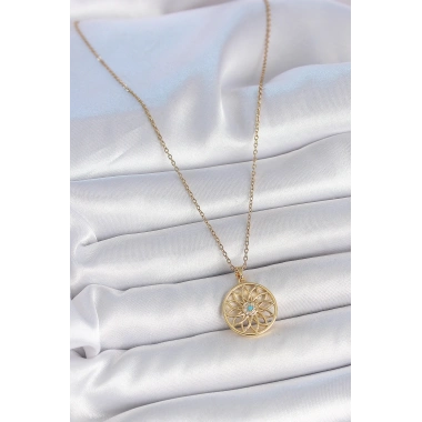 316L Çelik Gold Renk Zincr Mavi Taşlı Lotus Model Kadın Kolye
