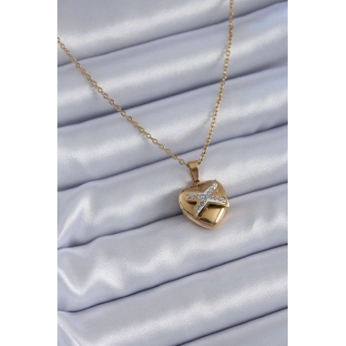 316L Çelik Gold Renk Zirkon Detay Kalp Model Kadın Kolye