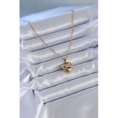 316L Çelik Gold Renk Zirkon Detay Kalp Model Kadın Kolye