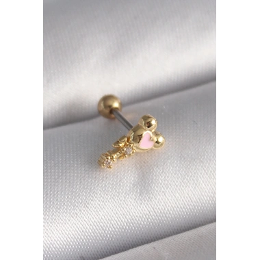 316L Çelik Gold Renk Zirkon Taş Detay Pembe Kalp İşleme Tragus Piercing