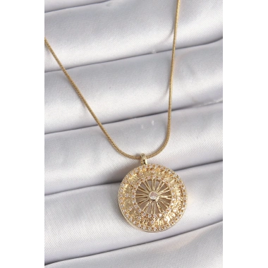 316L Çelik Gold Renk Zirkon Taşlı 12 Burç Madalyon Model Kadın Kolye