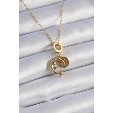 316L Çelik Gold Renk Zirkon Taşlı Ay Yıldız  Model Charm Model Kadın Kolye