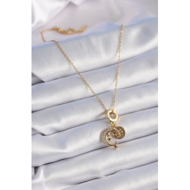 316L Çelik Gold Renk Zirkon Taşlı Ay Yıldız  Model Charm Model Kadın Kolye