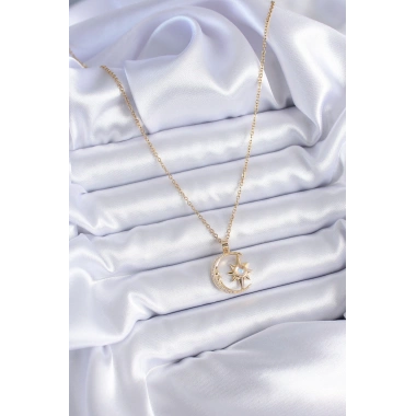 316L Çelik Gold Renk Zirkon Taşlı Ay Yıldız Model Kadın Kolye