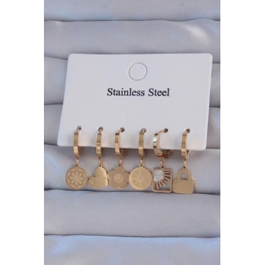 316L Çelik Gold Renk Zirkon Taşlı Çiçek Figürlü Kalp Model Halka Küpe Seti