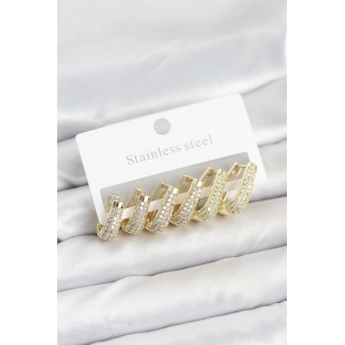 316L Çelik Gold Renk Zirkon Taşlı Damla Halka Küpe Seti