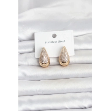 316L Çelik Gold Renk Zirkon Taşlı Damla Model Kadın Küpe