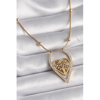 316L Çelik Gold Renk Zirkon Taşlı Detaylı Kalp Fidan Model Kadın Kolye