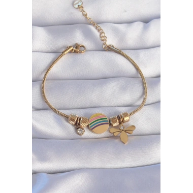 316L Çelik Gold Renk Zirkon Taşlı Gökkuşağı Tasarımlı Yusufçuk Bileklik